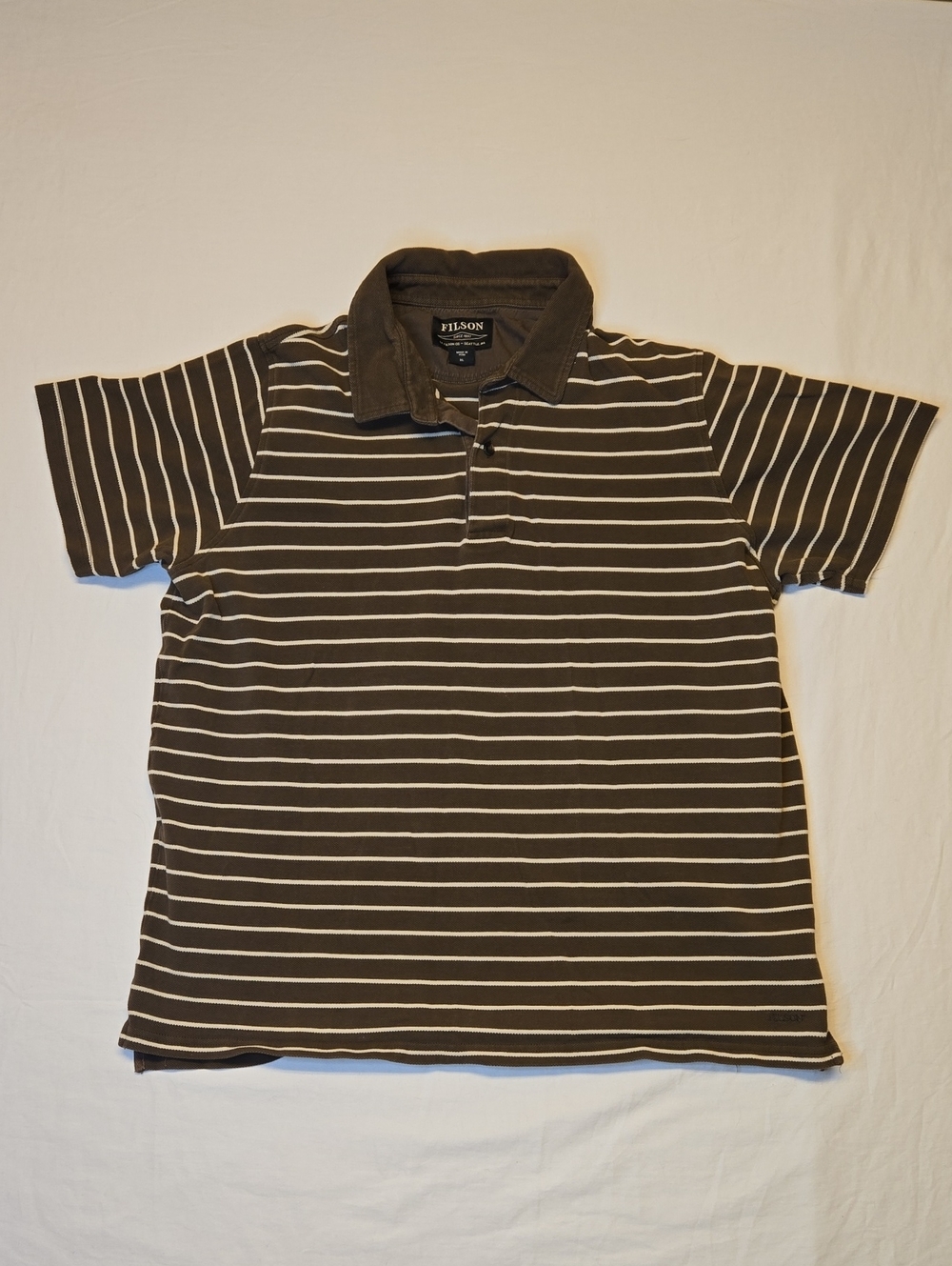 Filson Brown & White Stripe Cotton 1/4 Buttom Down Polo Shirt Vintage